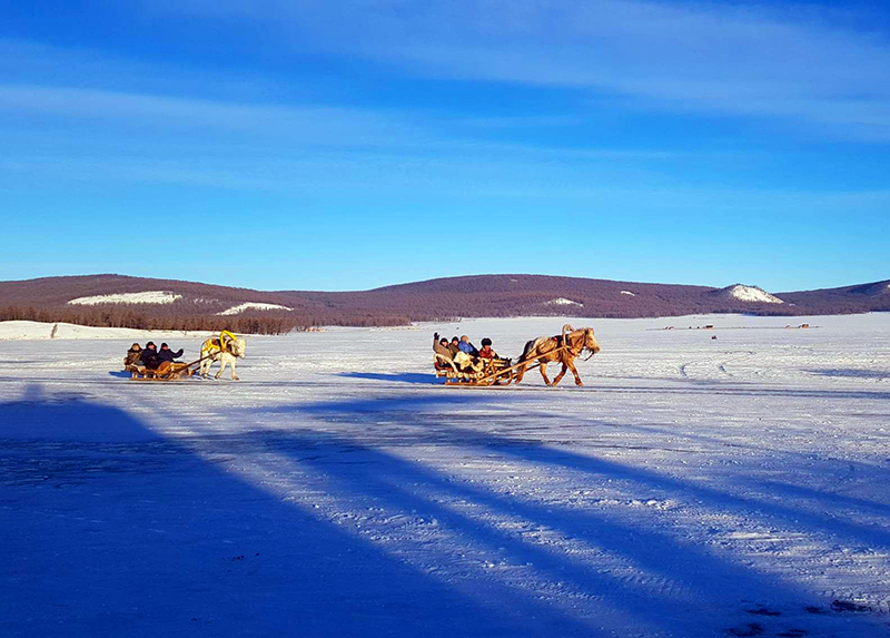 Horse sledding on Khusul lake ice